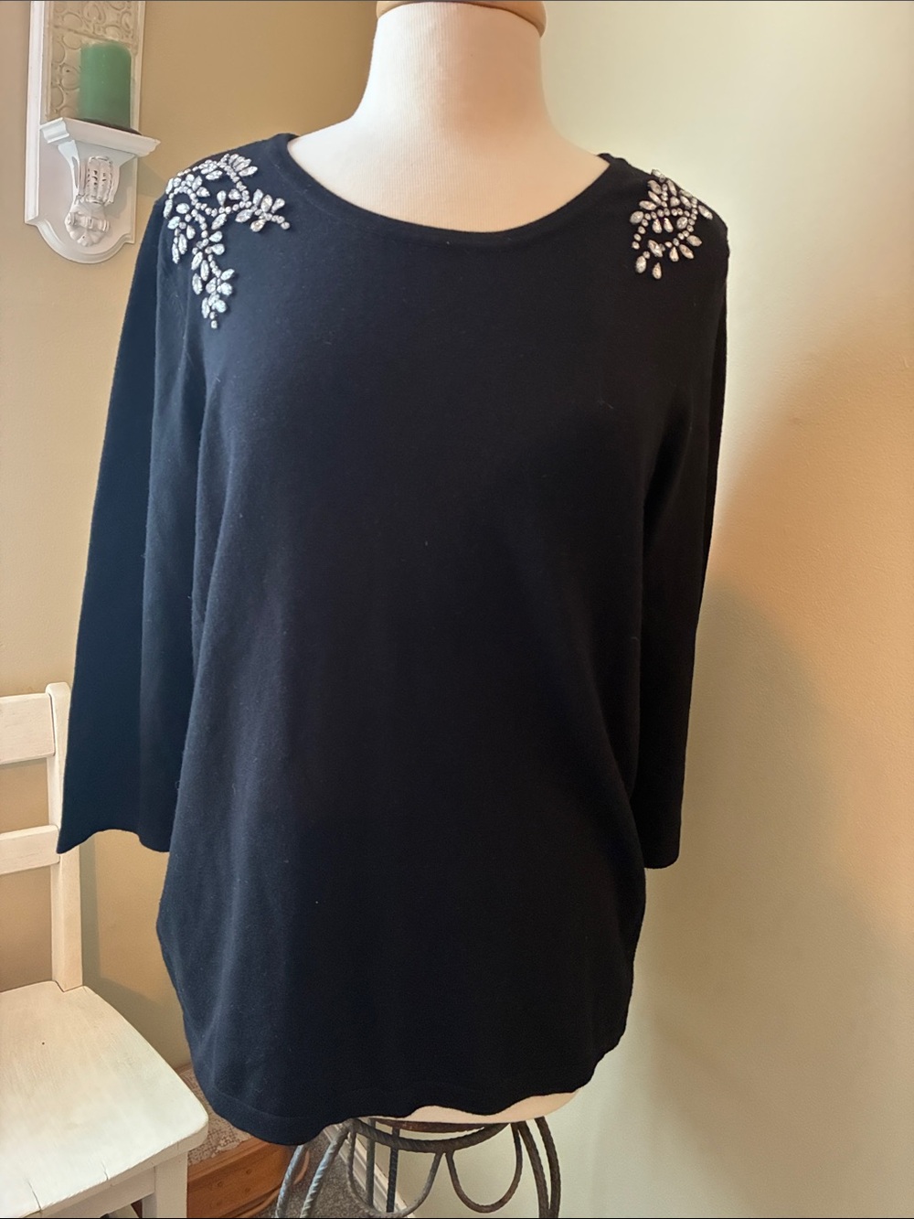 Chico's Black Embellished Shoulder Sweater with Crystal Accents